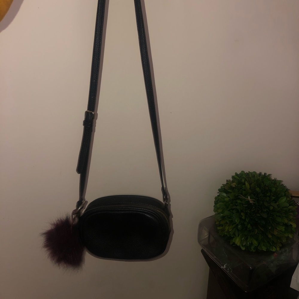 Black Mini Cross Body Bag w/ Maroon Puff Ball